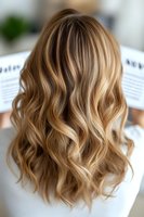 Back view of wavy blonde hair with natural balayage highlights and soft curls styled in modern beach waves, demonstrating professional hairstyling technique.