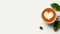 Minimalist coffee composition with latte art heart pattern, coffee bean and green leaves on light background. Suitable for cafe menu and social media.