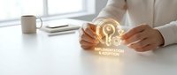 Business professional holding glowing lightbulb with implementation and execution text, representing innovation and strategic planning in modern office.
