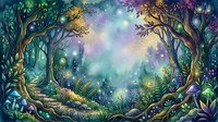 Enchanted forest clearing with glowing magical lights, ancient twisted trees, and mystical atmosphere for fantasy artwork, book illustrations, and game design backgrounds.