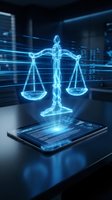 Digital holographic scales of justice emerging from tablet screen with blue light effects in modern tech environment for legal technology applications.