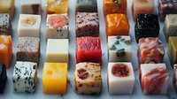 Assorted gourmet food cubes featuring cheese, cured meats, fruits and garnishes arranged in rows for culinary, gastronomy, fine dining, catering and food styling projects.
