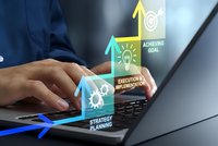 Business professional typing on laptop with colorful digital arrows showing strategy planning, execution implementation and achieving goal workflow process.
