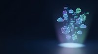 Digital network infrastructure with glowing geometric shapes, binary code, and cloud computing icons floating in dark space. Represents data connectivity, technology systems, and modern digital transformation for business and IT applications.