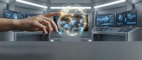 Hand reaching toward glowing digital globe with network connections in futuristic control room with multiple screens and advanced technology interface.