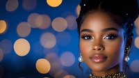 Young African American woman with glamorous makeup and jewelry against blurred bokeh lights background in blue and gold tones, expressing confidence and elegance.