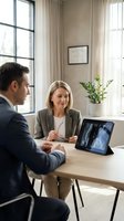 Professional business meeting with mature blonde businesswoman and male colleague discussing project at modern office table with tablet technology.