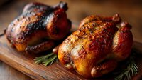 Succulent roasted cornish hens with crispy golden-brown skin and herbs on wooden cutting board, perfect for gourmet dinner presentation.