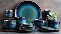 Elegant blue ceramic dinnerware set with gradient glaze finish displayed on wooden surface. Modern tableware collection for kitchen and dining room decor.