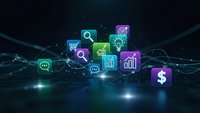 Digital business icons floating in futuristic network space with glowing connections and data streams for technology presentations and marketing materials.