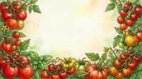 Ripe tomatoes with green foliage frame a neutral background, perfect for food packaging, recipe blogs, farmers market promotions, and culinary design projects.