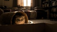 Tabby cat peeking out from brown fabric tunnel in cozy living room with warm sunlight, perfect for pet, home decor, and lifestyle content.