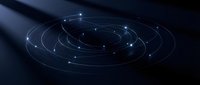 Glowing orbital rings with connected nodes on dark background, representing digital networks, data flow, technology systems, and futuristic connectivity concepts.