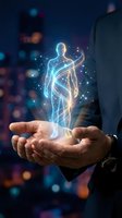 Businessman holding glowing digital human figure with network connections and light particles, representing healthcare technology, artificial intelligence, medical innovation, and digital transformation in business environment.