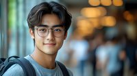 Young Asian male student wearing glasses and backpack smiling at camera in modern school hallway with blurred background, education and youth concept.