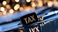 Black key with tax text on reflective surface with golden bokeh lights in background, business and finance concept for taxation and accounting services.