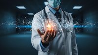 Medical professional holding glowing digital network connections representing healthcare technology innovation and data connectivity in modern hospital.