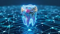 Digital tooth hologram with glowing neural network connections representing modern dentistry technology and oral health innovation in futuristic medical concept.