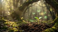 Young green seedling sprouting from rich soil in enchanted forest with magical glowing particles and sunbeams filtering through trees creating mystical atmosphere.