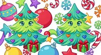 Cute cartoon Christmas trees with kawaii faces surrounded by colorful holiday ornaments, candy canes, stars and gifts on white background.