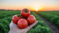 Fresh ripe tomatoes in farmer's hand at sunset over agricultural field. Organic harvest concept for healthy eating and sustainable farming practices.