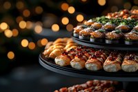 Festive party appetizers on tiered serving platter with bokeh lights background, featuring mini pastries, savory bites and elegant hors d'oeuvres for holiday entertaining.