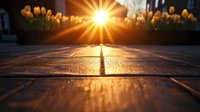 Dramatic sunset light streaming through wooden deck boards with orange tulips in background, creating golden hour atmosphere and long shadows. For nature photography.