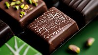 Artisanal dark chocolate bonbons with delicate salt sprinkles and crushed pistachios on green surface, macro shot showing rich texture and glossy finish.