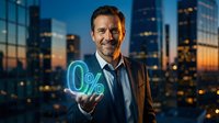 Businessman holding glowing zero percent symbol against illuminated city skyline at dusk, representing interest rates, financial growth, and modern banking solutions.