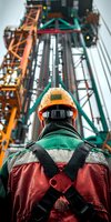 Industrial worker in safety gear and orange helmet looking up at oil drilling rig structure. Back view perspective highlighting workplace safety and engineering in petroleum industry.