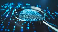 Magnifying glass revealing digital fingerprint pattern against blue bokeh background, representing cybersecurity, biometric authentication and forensic investigation.