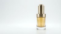 Luxury golden liquid fragrance in glass bottle with metallic pump dispenser on white background, isolated for cosmetics and beauty product design use.