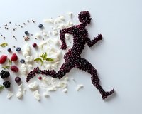 Runner silhouette made from fresh blackberries with scattered blueberries, raspberries and white popcorn on light background, creative food composition.
