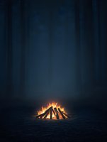 Glowing campfire with burning logs illuminating dark misty forest at night, creating atmospheric outdoor scene with mysterious ambiance and warm light.