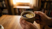 Person holding warm beverage in ceramic mug indoors, cozy home library setting with wooden furniture and bookshelves, relaxation and comfort concept.