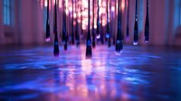 Futuristic digital art installation with hanging cone-shaped elements and glowing purple blue lighting effects creating atmospheric sci-fi ambiance.