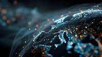 Abstract digital Earth globe with glowing particles and bokeh lights representing global connectivity, technology networks, and data visualization concepts.