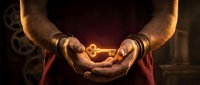 Hands holding glowing golden key with warm light, symbolizing success, opportunity, and unlocking potential for business and personal growth concepts.