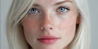 Young blonde woman with blue eyes and natural freckles looking directly at camera with soft lighting and minimal makeup for beauty and skincare concepts.