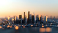 Modern cityscape with illuminated skyscrapers reflecting in water at sunset, blurred bokeh lights create dreamy atmosphere for urban architecture backgrounds.