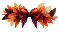 Decorative burgundy bow with autumn leaves in warm orange and brown tones on white background, isolated design element for seasonal decor and creative projects.