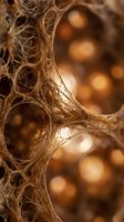 Organic honeycomb structure with intricate cellular patterns and warm golden bokeh background for natural texture designs and scientific presentations.