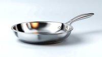 Shiny stainless steel frying pan with metal handle on neutral background, professional cookware for home and restaurant kitchen use.