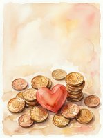Watercolor painting of red heart surrounded by golden coins on textured paper background for love and money concept designs.