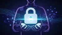 Professional presenting cybersecurity lock symbol with digital data streams and network connections in futuristic blue technology environment.