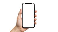 Hand holding modern smartphone with blank white screen isolated on white background for app presentation and mobile technology mockup design.