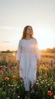 Young woman with long reddish-brown hair wearing a white linen dress standing in a wildflower meadow at golden hour sunset, surrounded by red poppies and purple lupines.