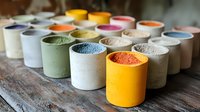 Colorful natural pigment powders in concrete pots arranged on rustic wooden surface. Various organic dyes and mineral powders for artistic and craft projects.
