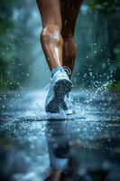 Runner splashing through puddles in rain, close-up of athletic shoe and leg with water droplets and reflection on wet surface creating dynamic motion effect.