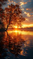 Majestic autumn tree silhouetted against dramatic orange sunset sky, reflecting in rippling lake waters. Perfect for nature photography, seasonal calendars, and inspirational wall art.